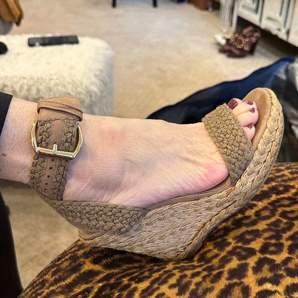 Stuart Weitzman Tan Braided Espadrille Wedge Sandals
